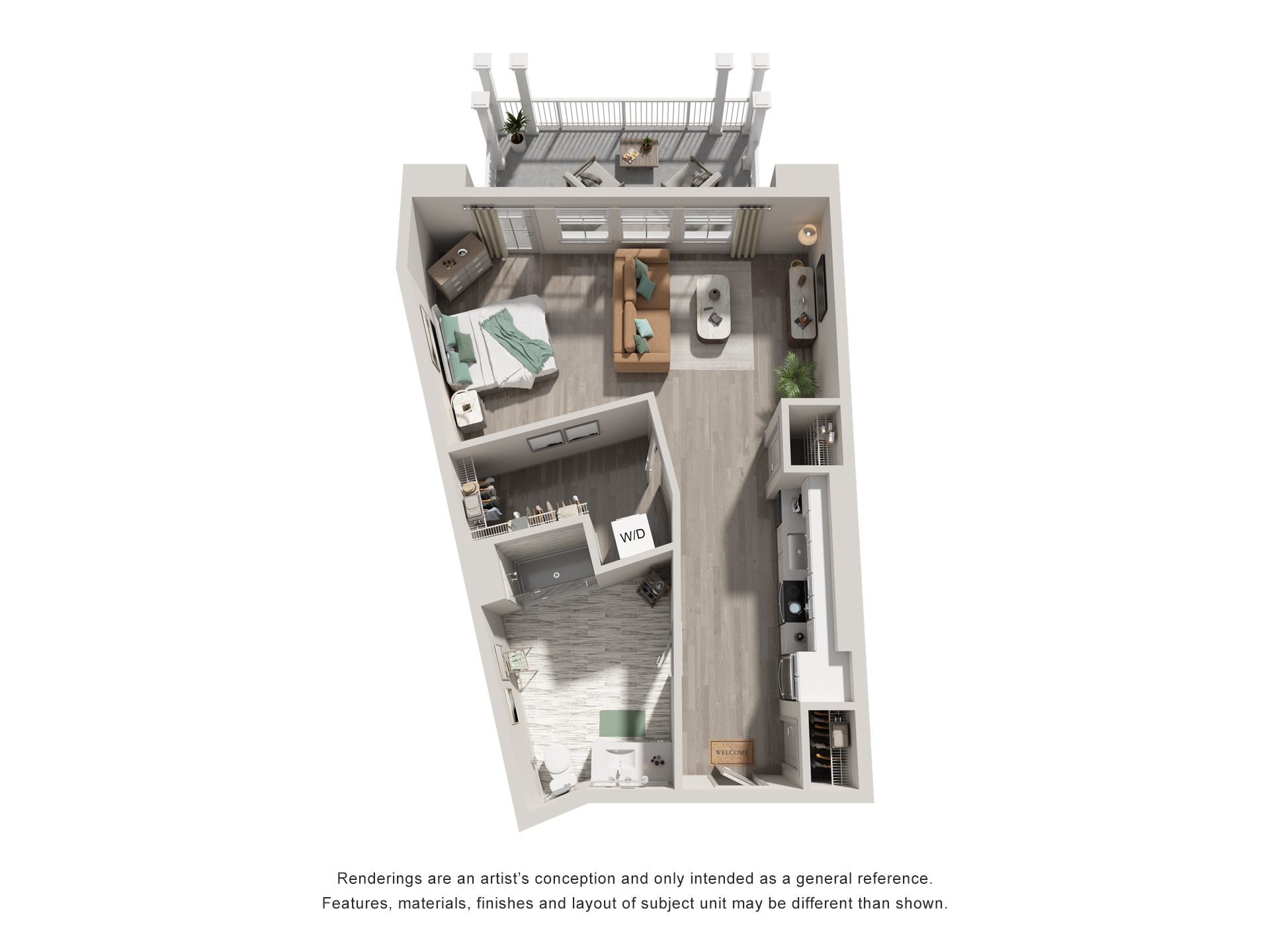 Floor plan for studio, 1 bath, 653 sqft